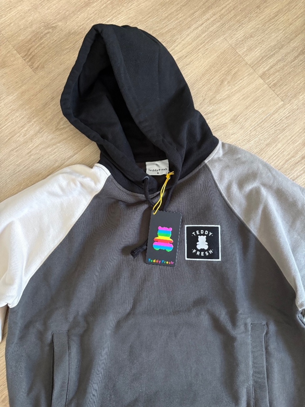 Teddy Fresh Colorblock Cream Gray Black Cotton Hoodie NWT Size Small